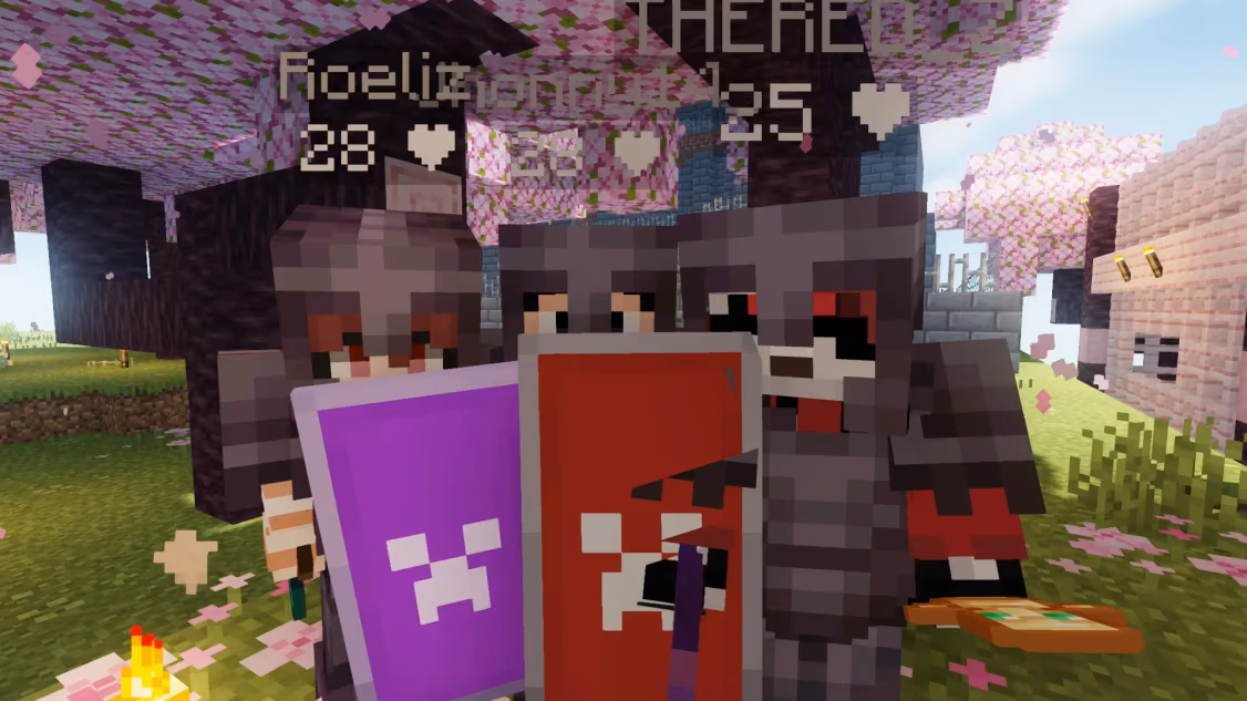 3 jugadores de minecraft mostrando el escudo con decoracion en minecraft