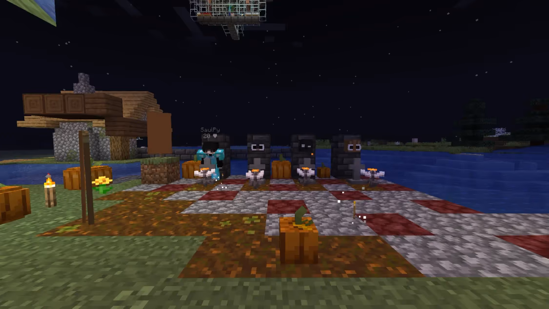4 player graves while one poses for a photo in Minecraft