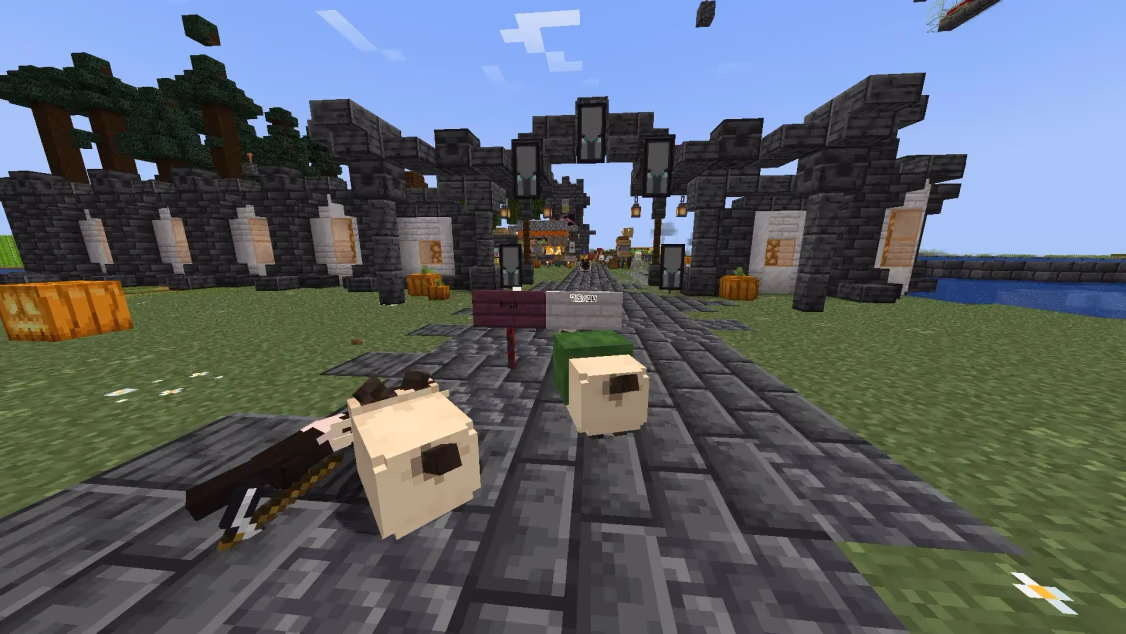 Gato Pan placing signs in a Minecraft base
