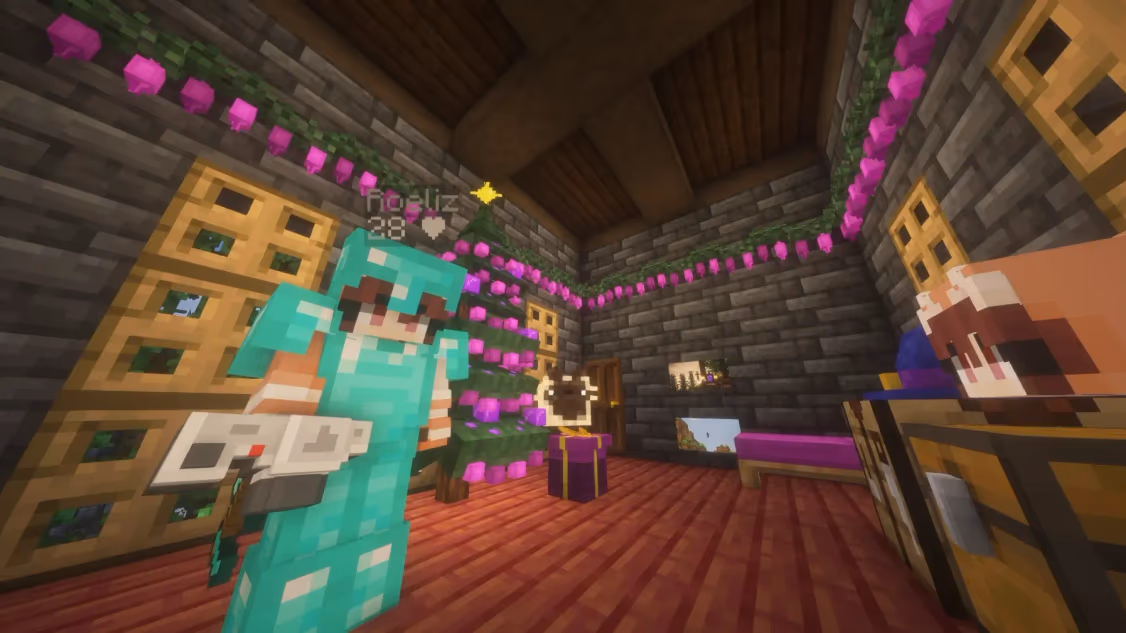 una jugadora en una casa decorada de navidad en minecraft