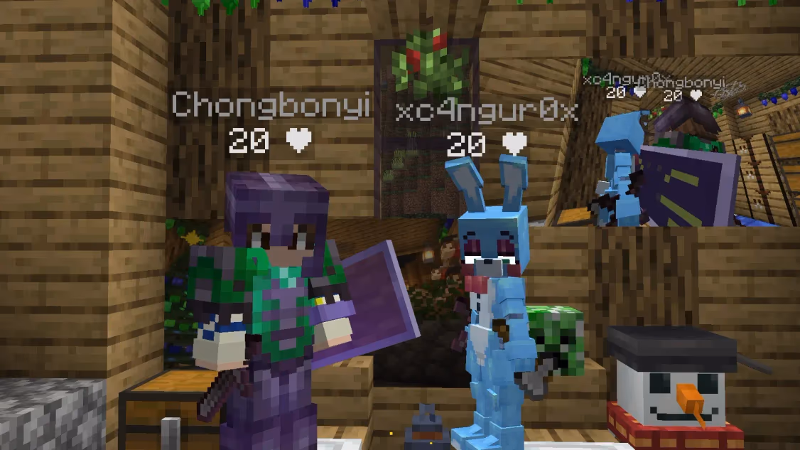 toy bonnie con un jugador en minecraft en una base